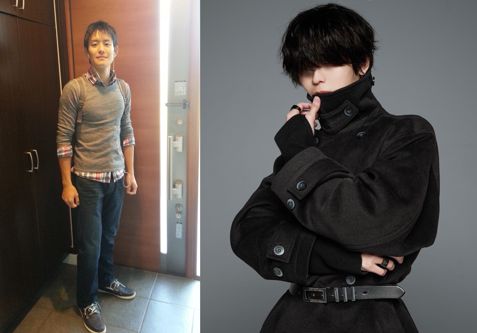 (左)髪は1,000円カット。ファッションには余り興味が無く、全て親が選んだ服を着ていた高校時代と、(右)現在の犬飼氏。