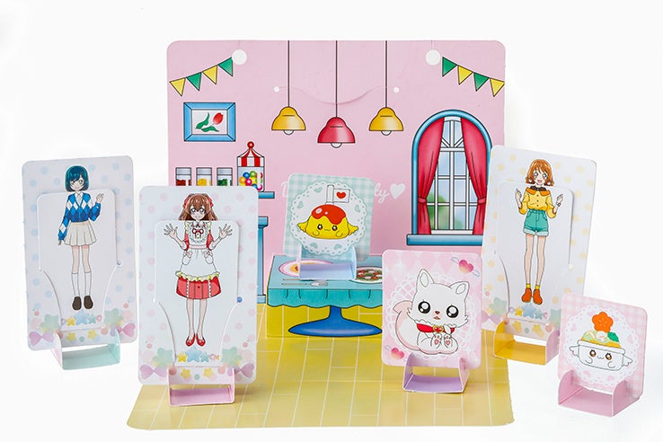 左から順に芙羽ここね、和実ゆい、オムライスのレシピッピ、おこめのエナジーようせいコメコメ、華道らん、やさいスープのレシピッピ