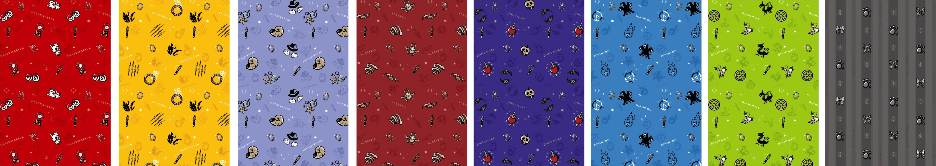 各寮ごとのモチーフがデザインされた、グッズの背景にも使えるカードです