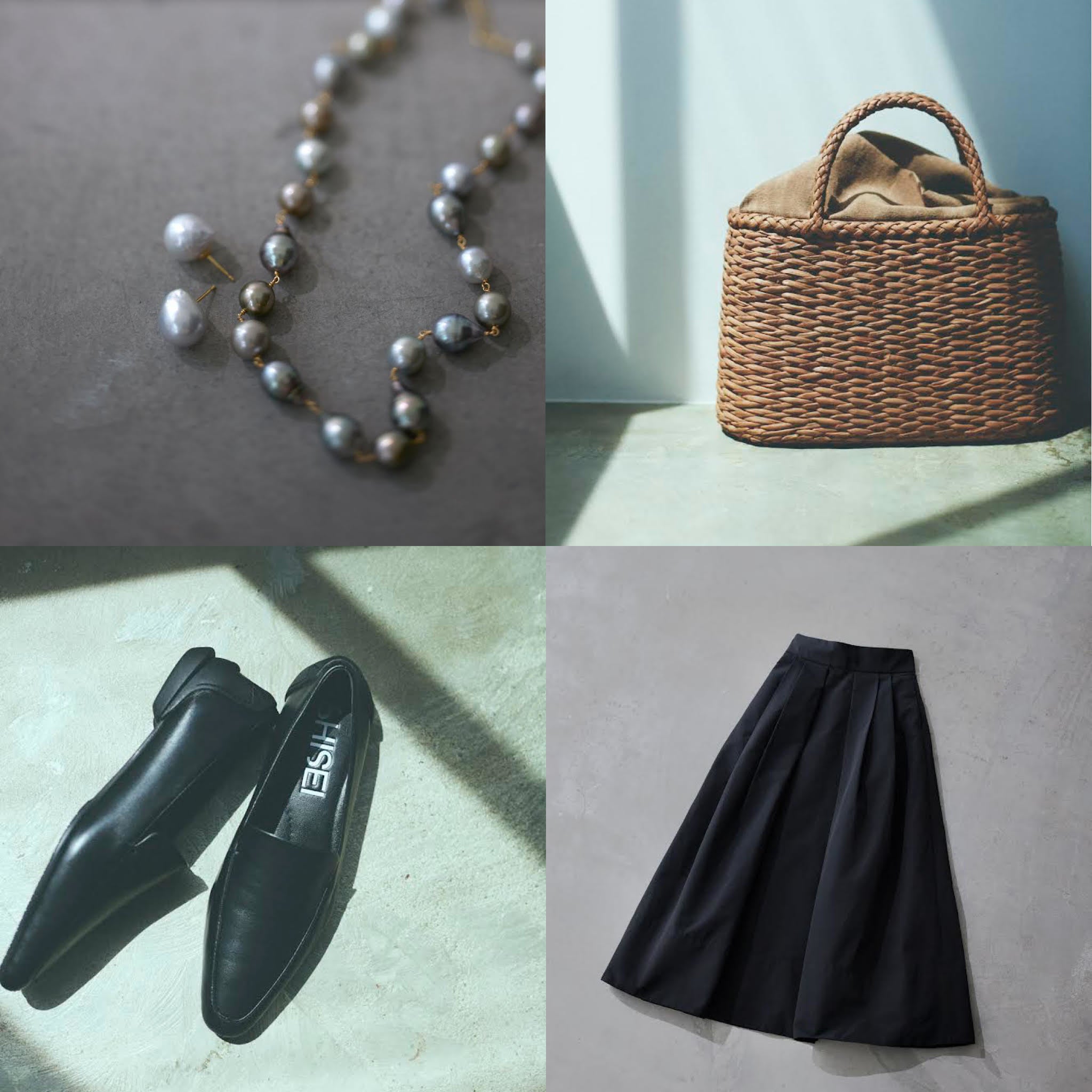 右上から時計回りに・山葡萄のカゴバッグ、 アルディノワールのマキシスカート、 シセイのローファー、 ボンマジックの南洋パールネックレスとピア