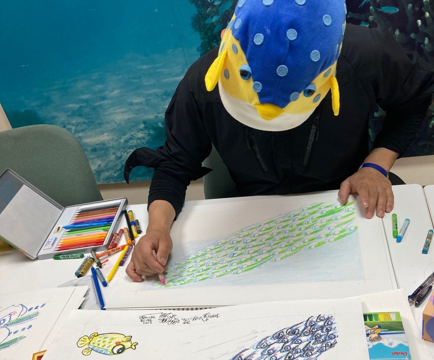 お魚一匹一匹の生き生きとした表情や目の輝き、海の色など、細部にまでとことんこだわって描いているさかなクン。