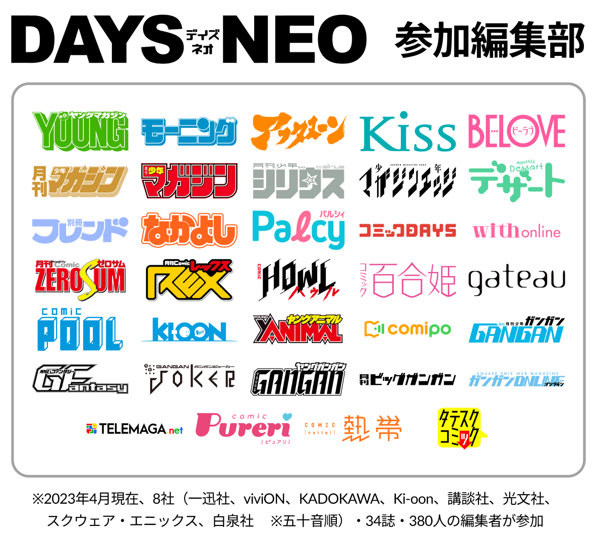 DAYS NEOに参加している編集部の一覧。上記に加え、マイクロマガジン社・少年画報社の計10媒体が期間限定で参入中！