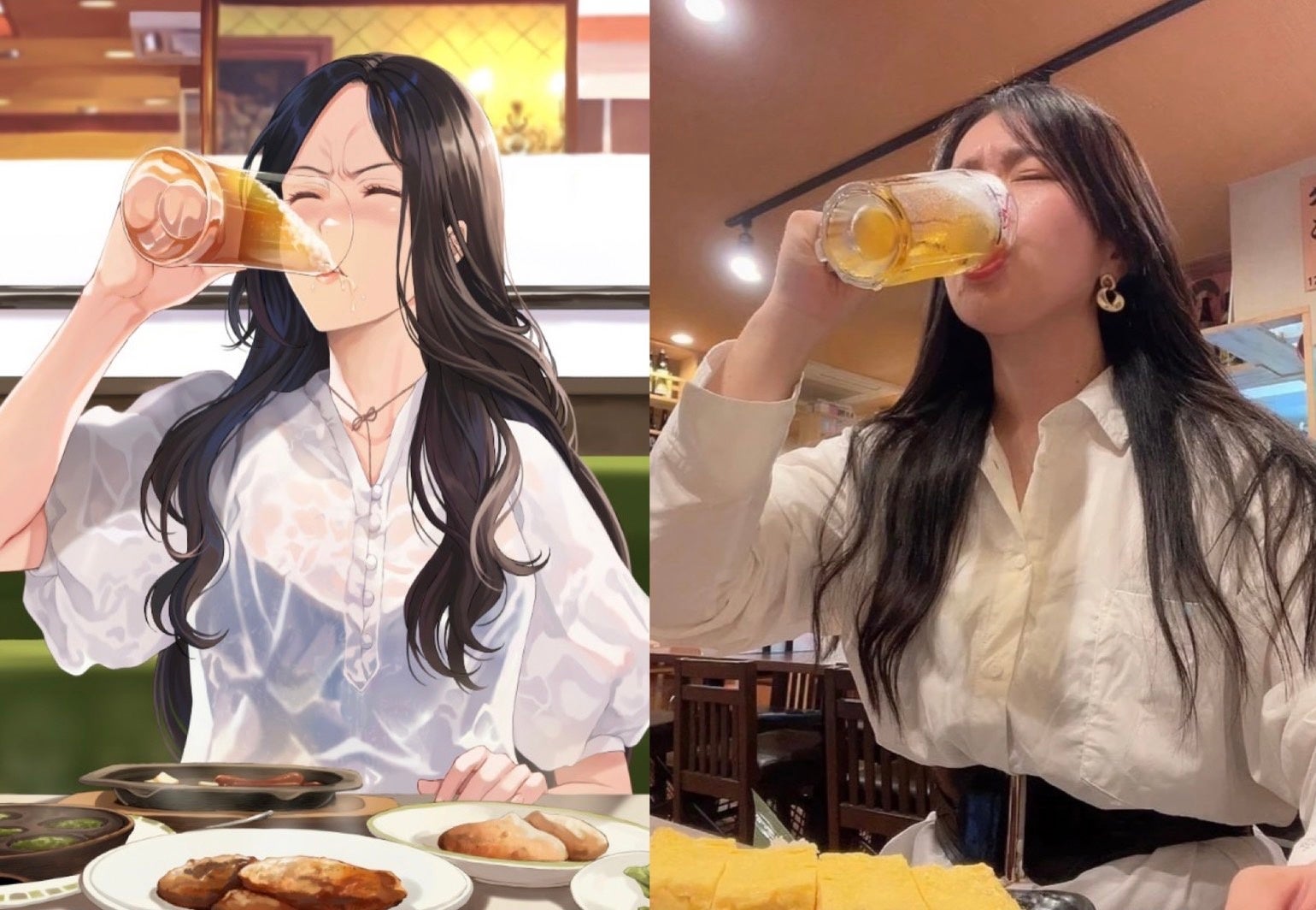 トラックめいめいさんの”ビールで優勝”シーンを完全再現!(左)漫画キービジュアル(右)トラックめいめいさんご本人