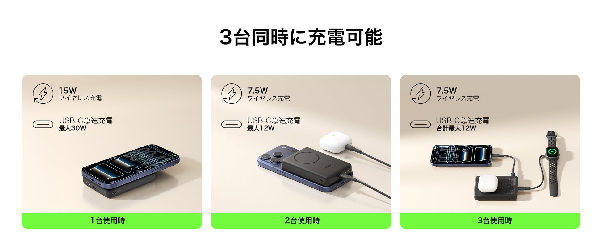 BPD018の複数機器への充電を紹介する公式画像