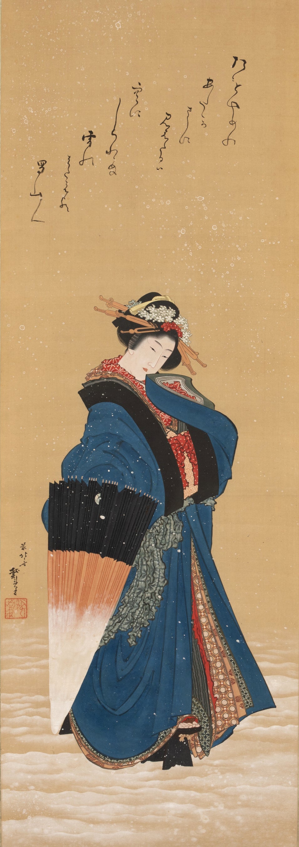 葛飾北斎 肉筆浮世絵「雪中美人図 蜀山人賛」 ワールドレコードとなる6