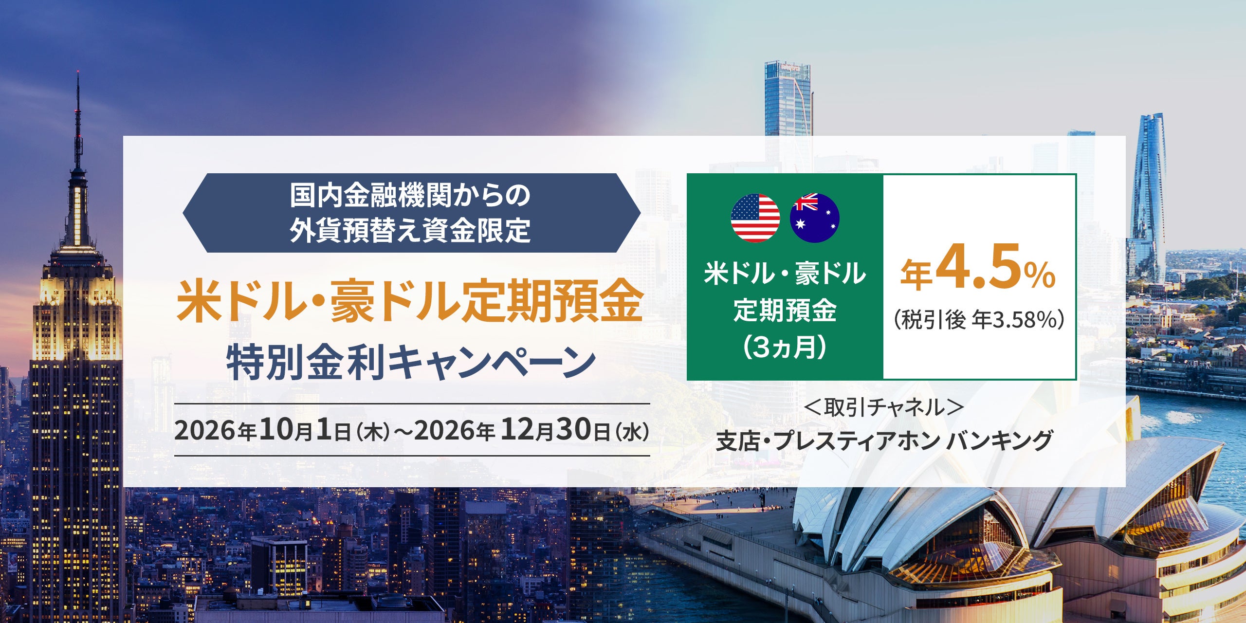 「国内金融機関からの外貨預替え資金限定 米ドル・豪ドル定期預金 特別金利キャンペーン」を開始
