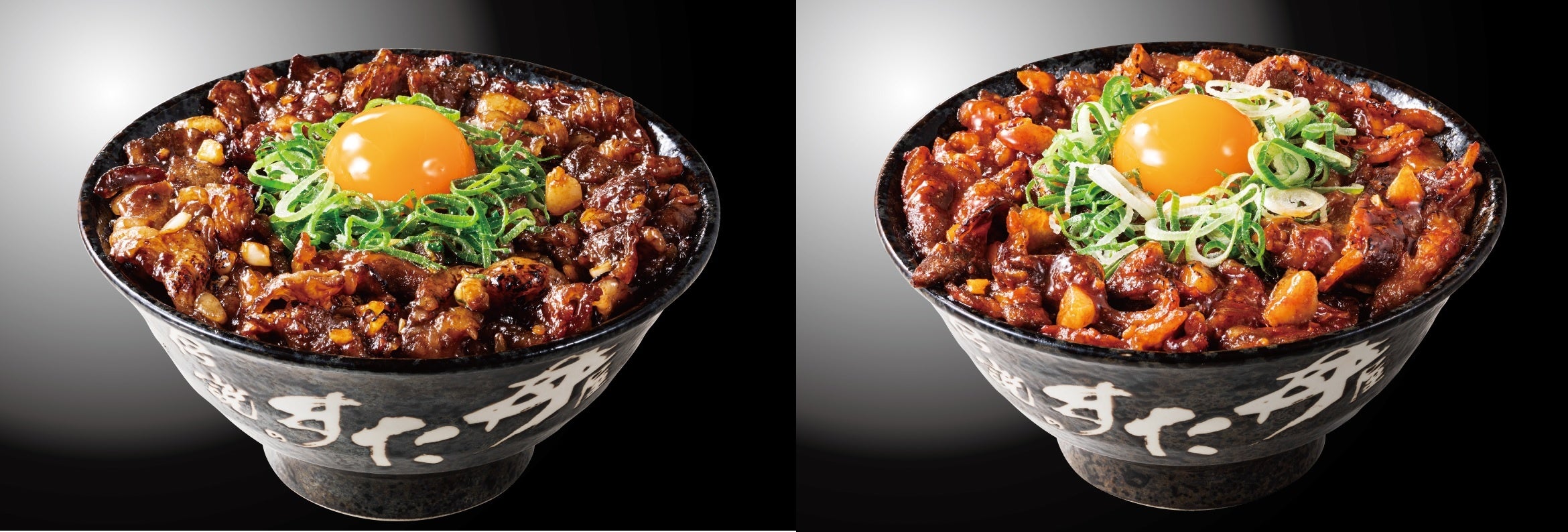 左から『倍倍「黒」牛カルビすたみな丼』、『倍倍「赤」牛カルビすたみな丼』　1,080円（税込）