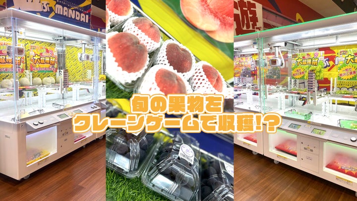 遊べるスーパー万代 新青森店の発表に添えられた、クレーンゲーム機と桃・ぶどうの青果景品の写真