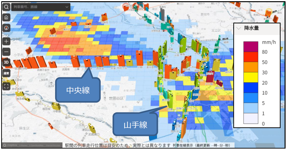 首都圏付近の俯瞰図 『鉄道運行×局地的大雨』