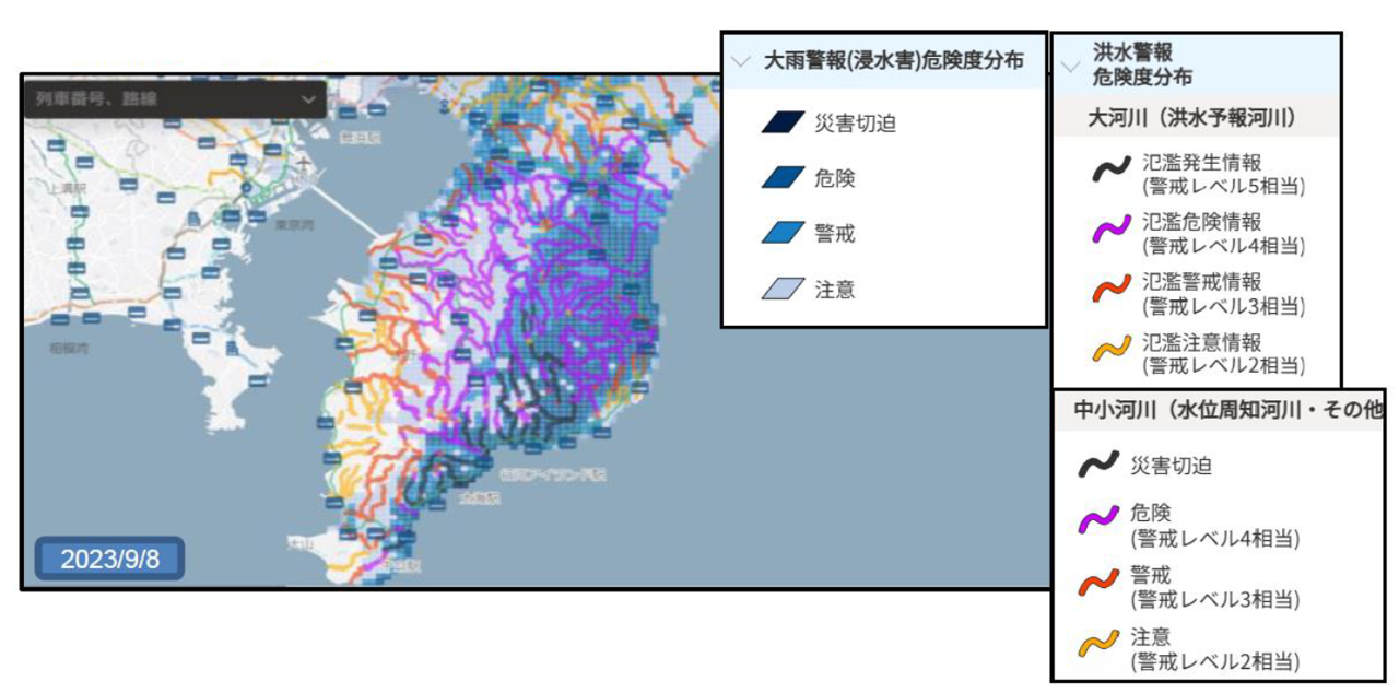 房総半島で発生した大雨 『大雨警報（浸水害）危険度分布×洪水警報危険度分布』（山手線）