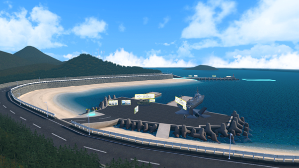 陸は「戦車」、海は「護衛艦」、空は「戦闘機」、陸海空の乗り物ゲームが遊べる港エリア。