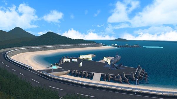 陸は「戦車」、海は「護衛艦」、空は「戦闘機」、陸海空の乗り物ゲームが遊べる港エリア。