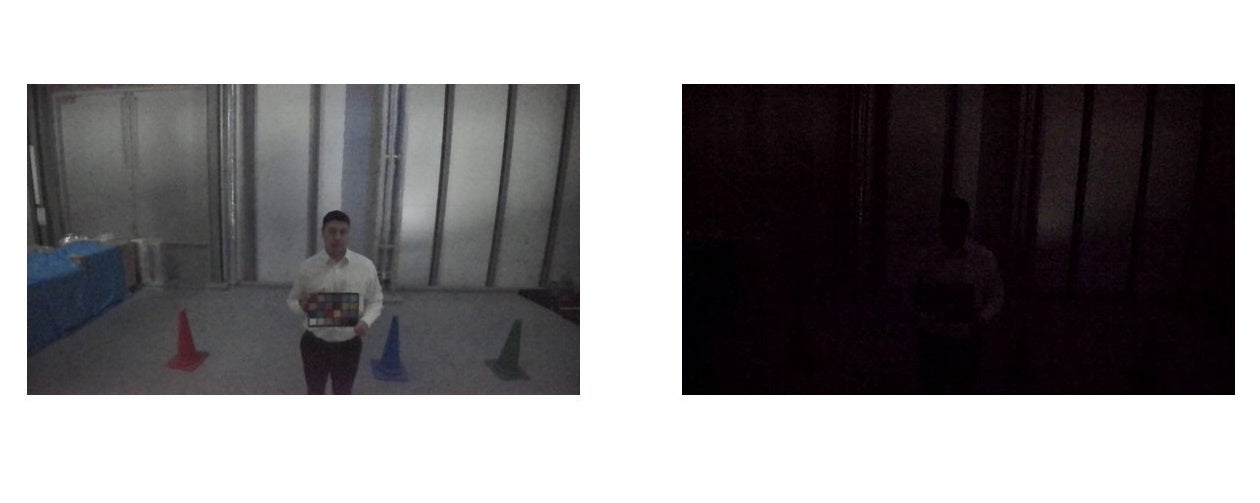 低照度性能比較イメージ（左：新センサーエンジン搭載製品、右：従来製品で撮影） ＊0.03ルクスの環境下で撮影