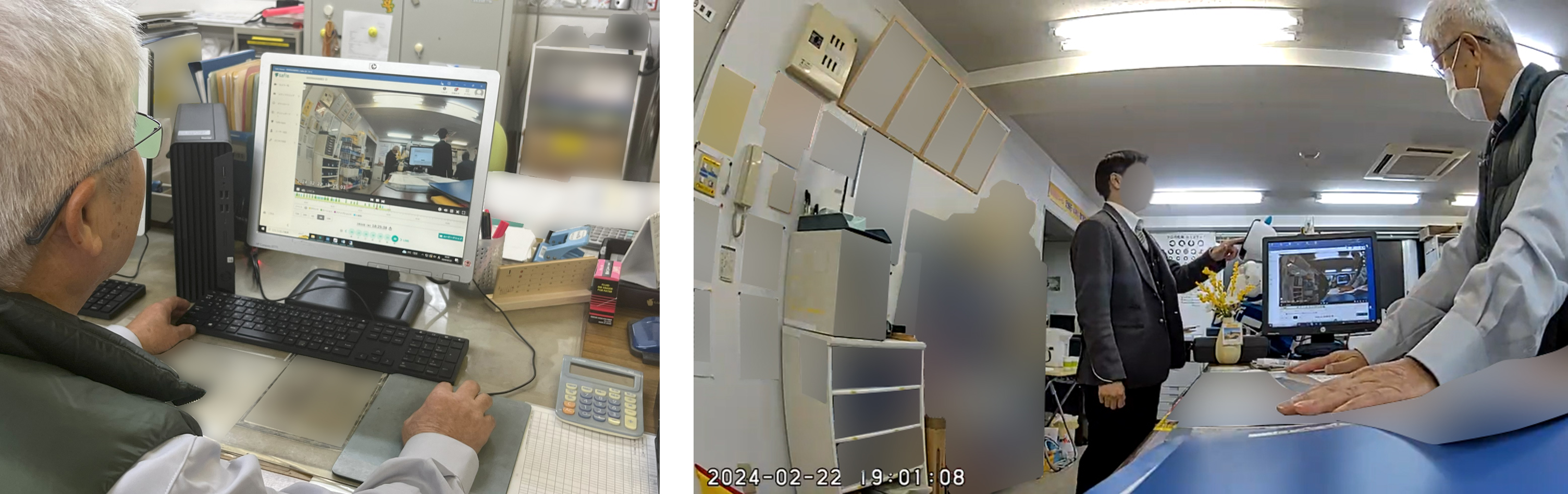 左：ビューアーを確認する様子／右：ビューアーの映像（点呼の様子）