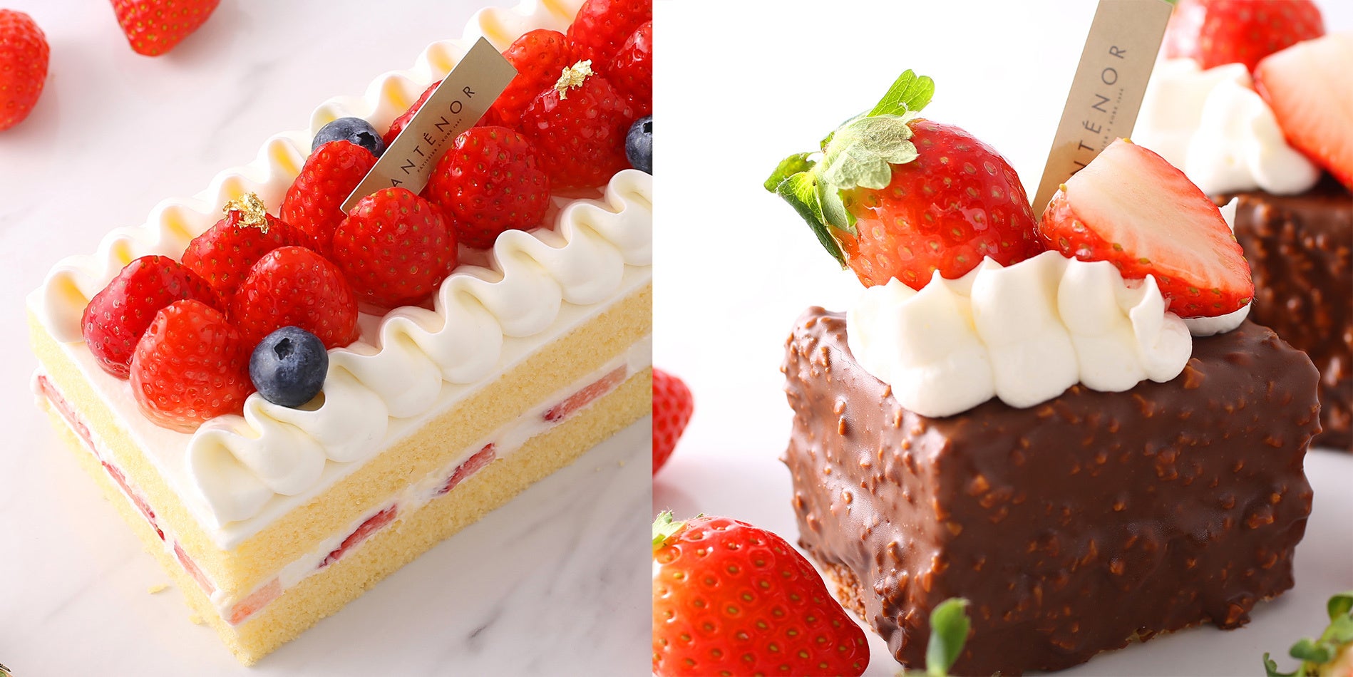アンテノール:「あまおう苺(紅ほっぺ苺)のショートケーキBOX」税込み2,268円、「あまおう苺(紅ほっぺ苺)とショコラのガトー」税込み692円