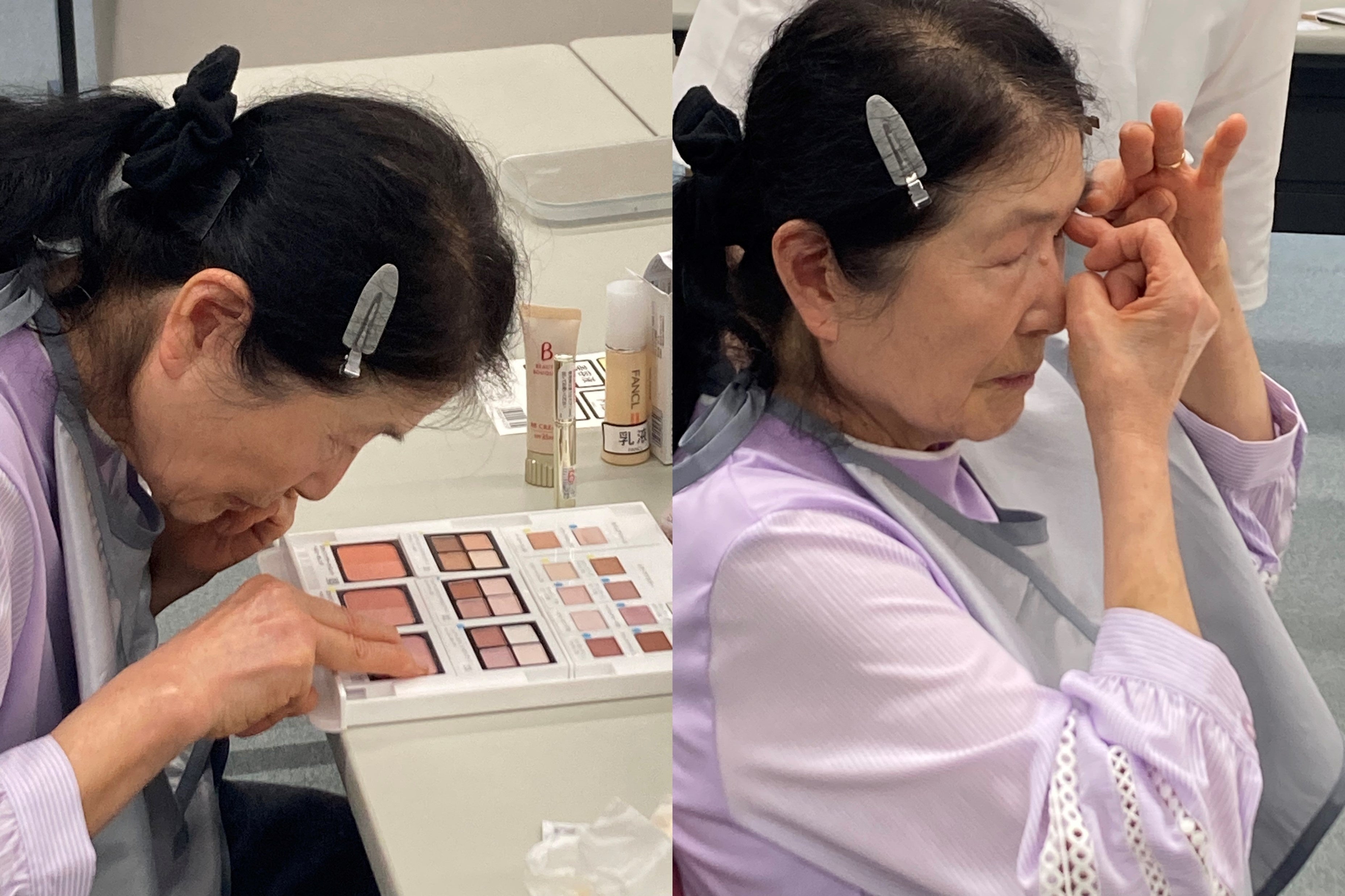 アイカラーの付け方を指で確かめながら