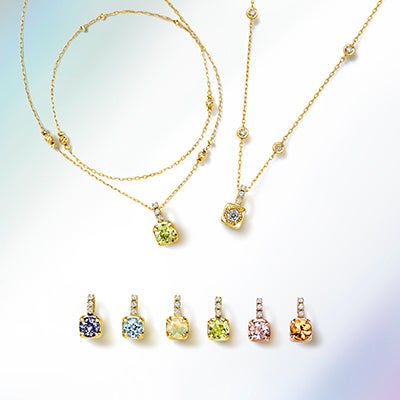 写真右上) “Wish“Wish upon a star®” ダイヤモンド  写真下左より)タンザナイト・アクアマリン・オパール・ペリドット・モルガナイト・インペリアルトパーズ