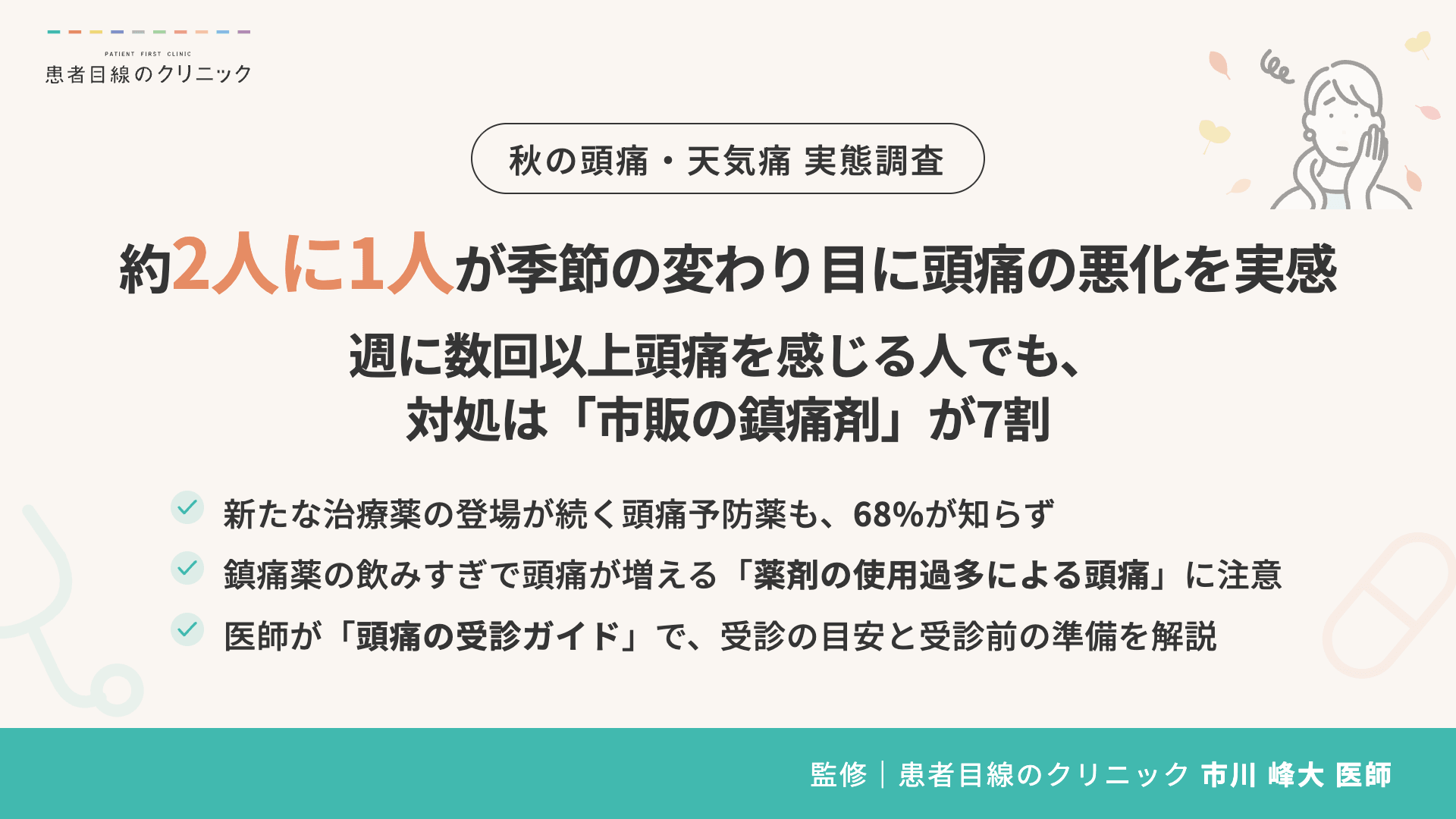 【秋の頭痛・天気痛 実態調査】約2人に1人が季節の変わり目に頭痛の悪化を実感。対処は「市販の鎮痛剤」が7割、「薬剤の使用過多による頭痛」に注意。