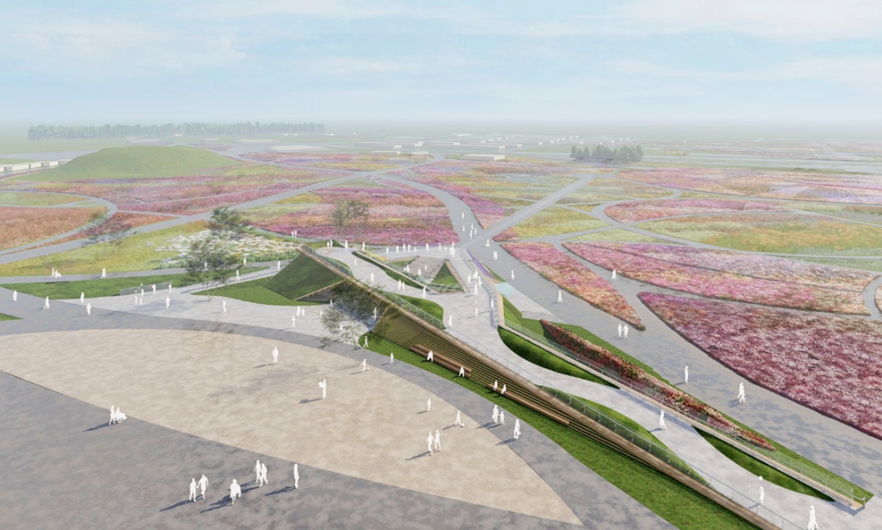 Official rendering of visitors walking across a hill-shaped wooden terrace planted with flower beds in the central grounds of GREEN×EXPO 2027