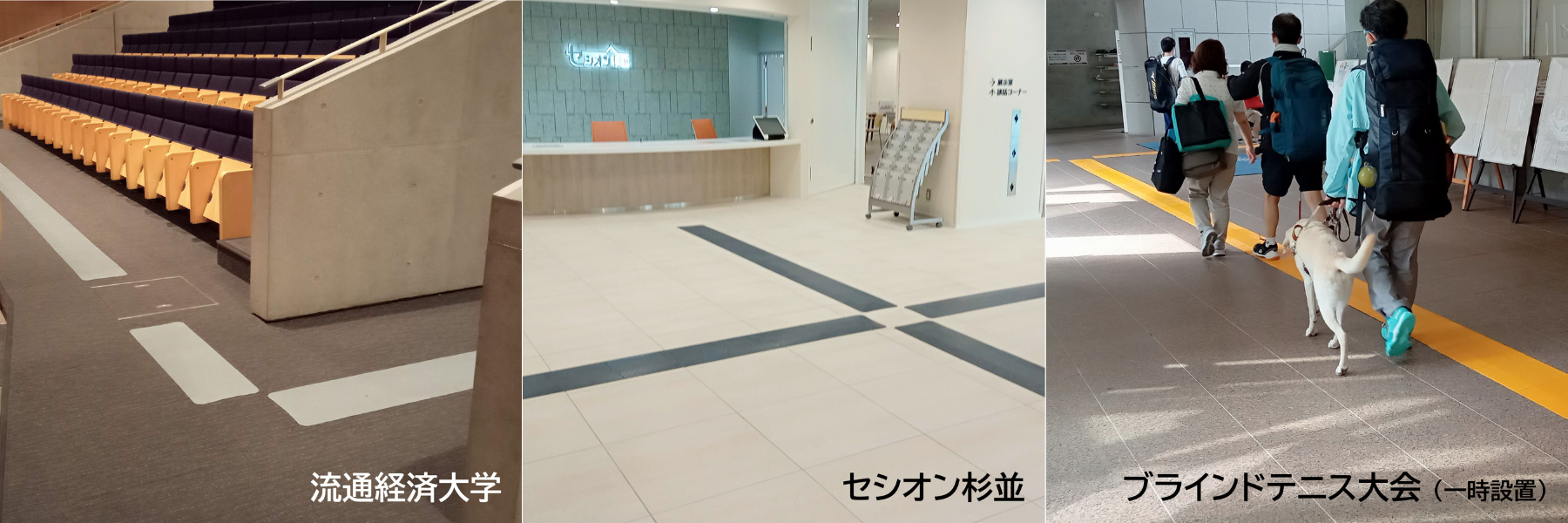 画像説明：左から流通経済大学、セシオン杉並、ブラインドテニス大会での設置実例