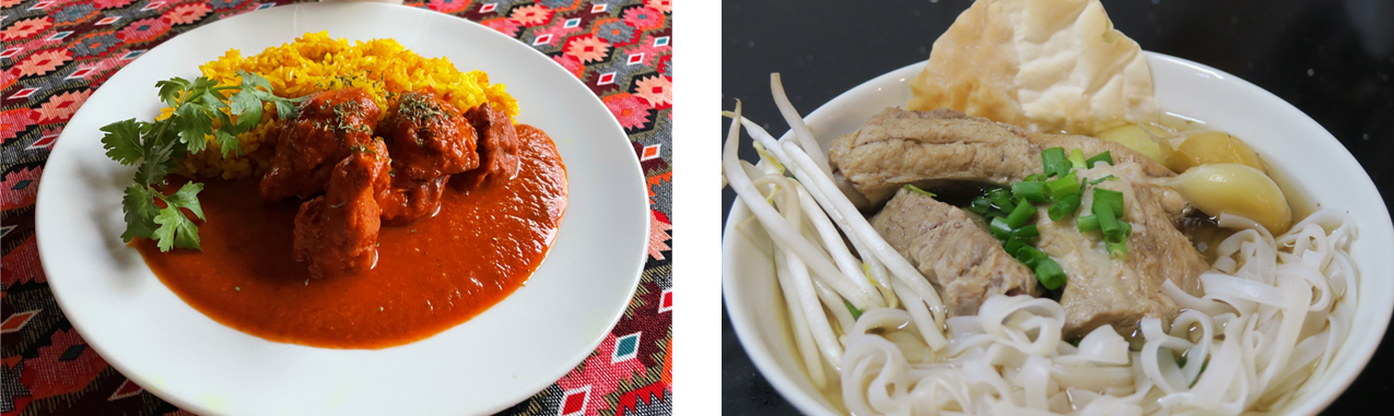 （左）バターが入ってないのにバターチキンカレーライス(Yeti Asian Dining)  （右）疲労回復の最強ペア　肉骨茶フォー（東京肉骨茶)