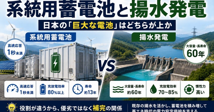 系統用蓄電池と揚水発電、日本の「巨大な電池」はどちらが上なのか 系統用蓄電池と揚水発電、日本の「巨大な電池」はどちらが上なのか