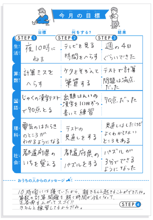 「今月の目標記入欄」への書き込みで目標を立てて、1か月を振り返る習慣がつく