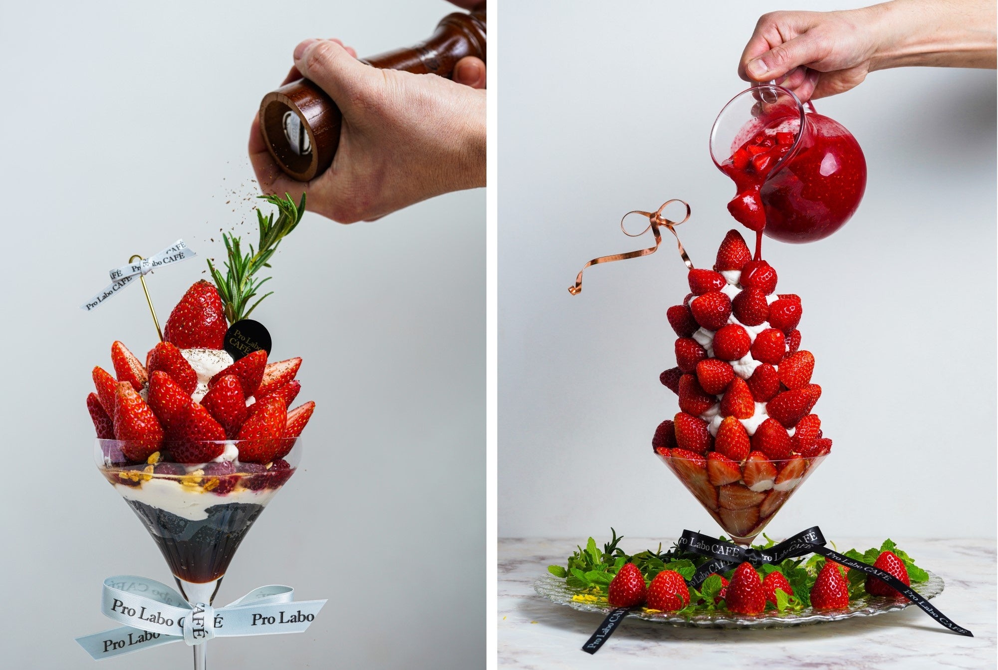 左から「有機イチゴのヴィーガンビューティパフェ」、「ヴィーガンビューティタワーパフェ ～有機イチゴ【要予約】」