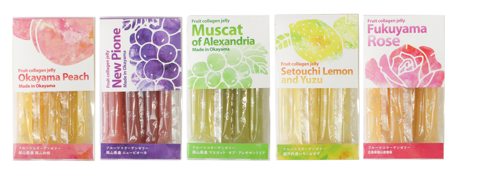 左から岡山白桃、岡山県産ニューピオーネ、岡山県産マスカットオブアレキサンドリア、瀬戸内海産レモン＆久米南ゆず、福山薔薇