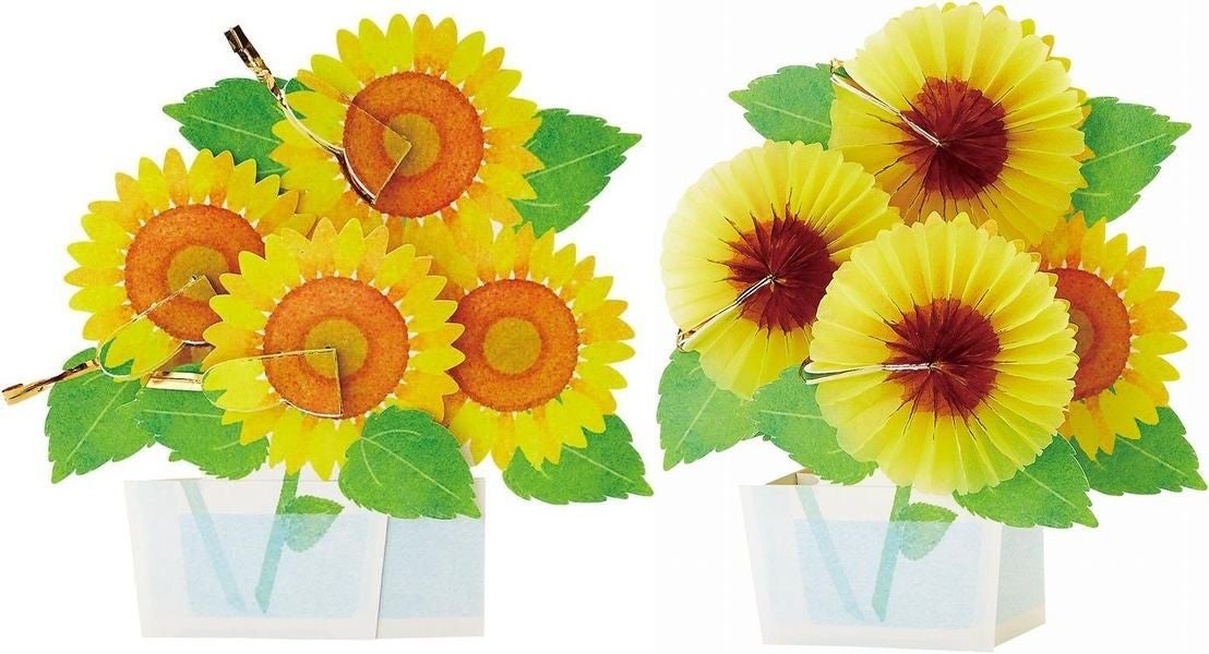 ガラス瓶にヒマワリ　ビニール帯を持ち花びら全体を360度回転させるとヒマワリが3ヵ所立体に。