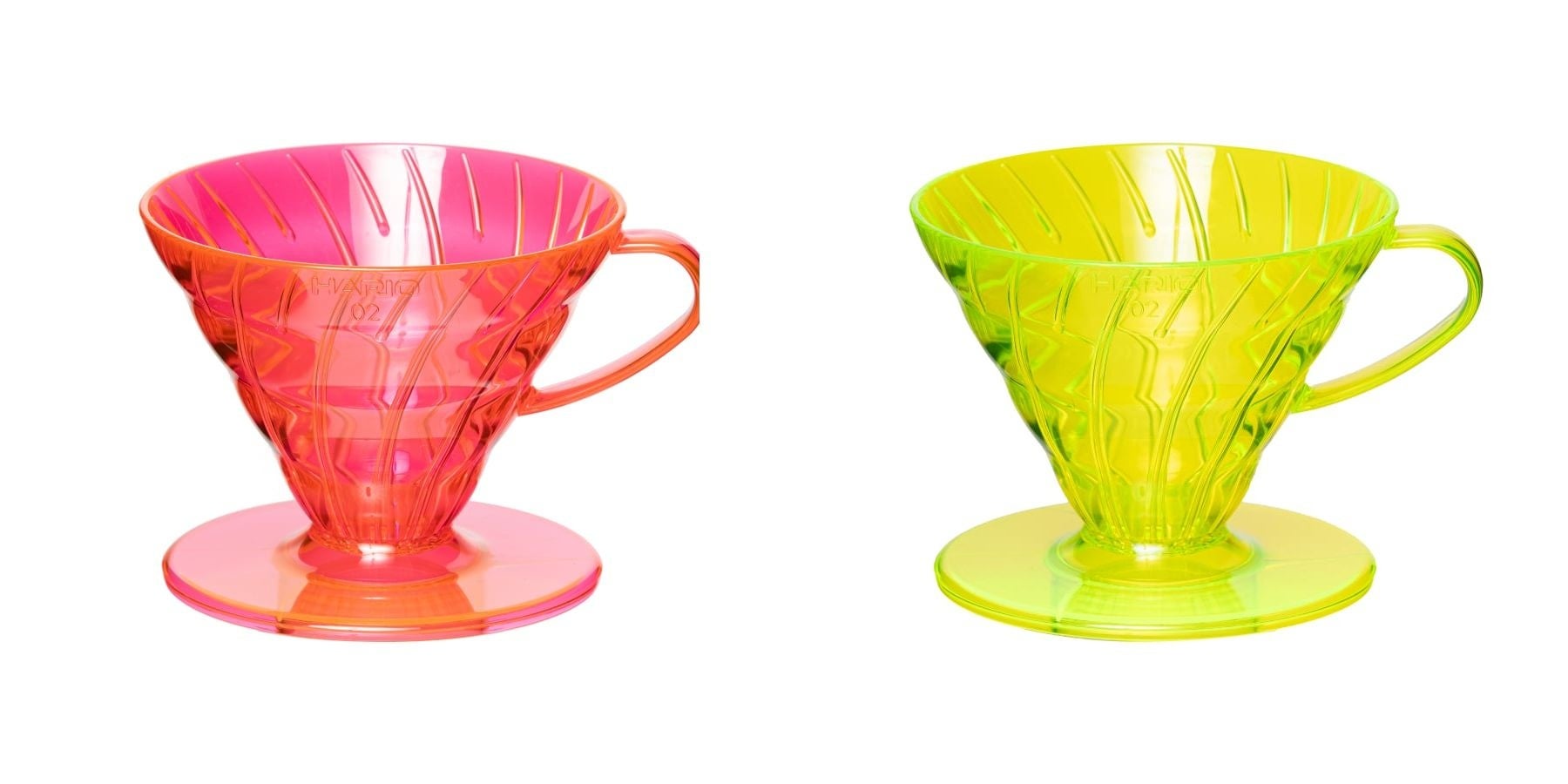 PostCoffee V60SP ドリッパー　左からネオンピンク、ネオンイエロー