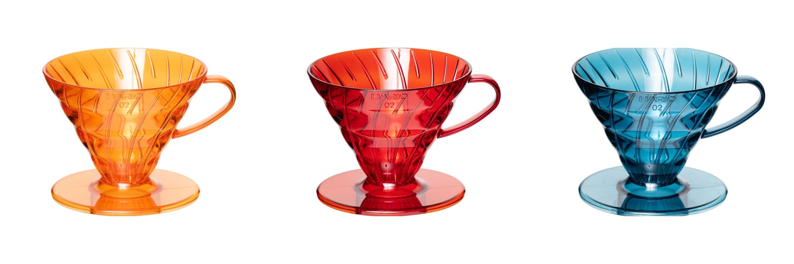 PostCoffee V60SP ドリッパー　左からクロームオレンジ、ストロベリーレッド、ターコイズブルー