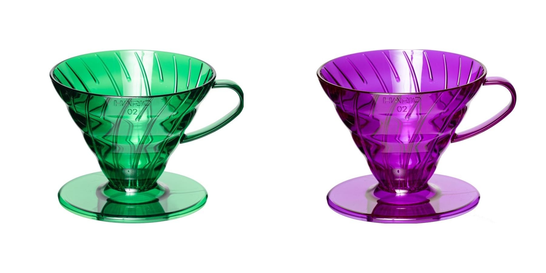 PostCoffee V60SP ドリッパー　左からライムグリーン、ディープパープル