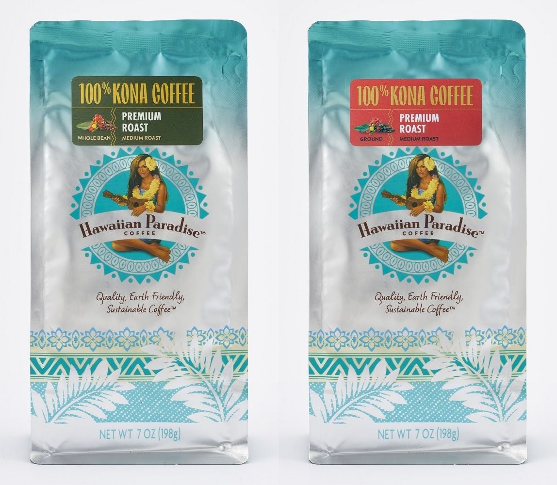 ハワイアンパラダイスコーヒー 100%コナプレミアムロースト 198g　左：豆／右：粉
