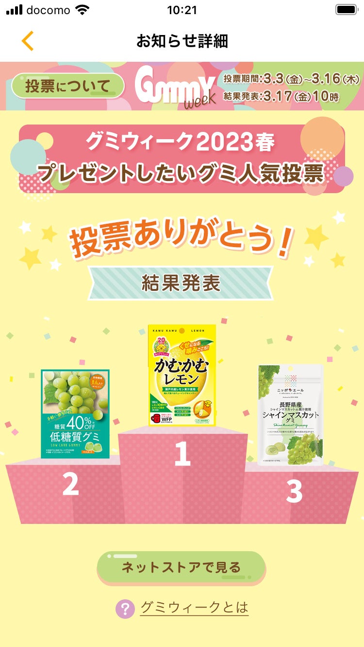過去の投票結果画面(Gummy Week 2023春)