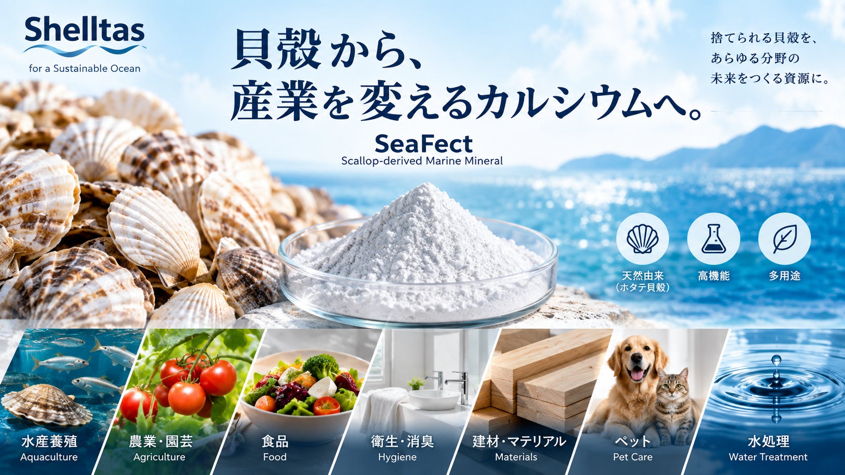海から生まれる貝殻資源に新たな機能と価値を与え、水産、農業、食品、衛生、建材、水処理などへ展開。