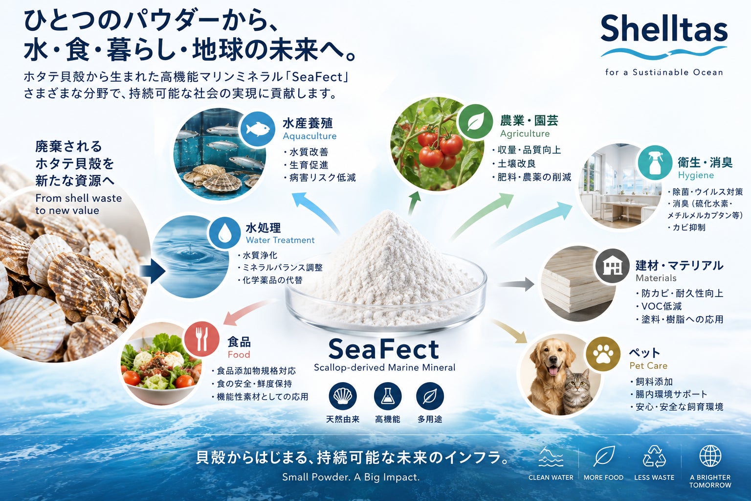 SeaFect®を起点に、水産養殖、農業、食品、衛生、建材、水処理など、幅広い領域で用途開発を進めています。