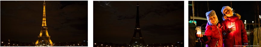 消灯前後のエッフェル塔（左・中央。(C)WWF-France）、EARTH HOURイベントに参加する子どもたち（右。(C)Julia Kalinicheva  WWF-Russia）