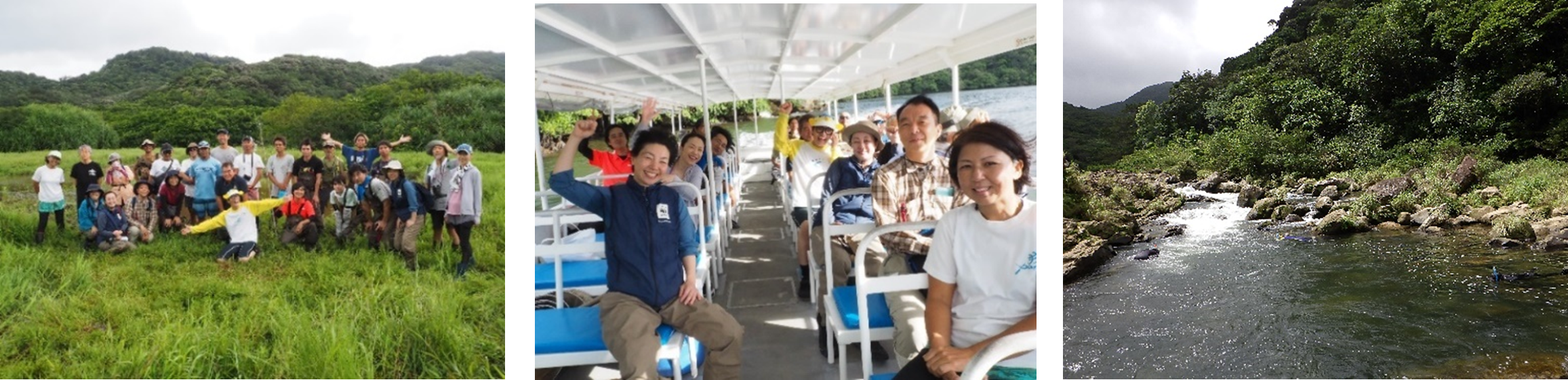 旧稲葉集落の水辺再生地を視察（左）、浦内川観光のチャーター船にて（中央）、ダイビング調査の様子（右）