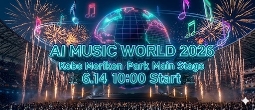 AI体験型ライブイベント「AI MUSIC WORLD 2026」6月14日(日) KOBEメリケンパークメインステージにて10:00~18:00開催 AI体験型ライブイベント「AI MUSIC WORLD 2026」6月14日(日) KOBEメリケンパークメインステージにて10:00~18:00開催