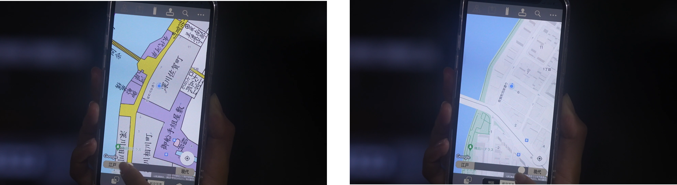 《ドラマのワンシーンでも、江戸時代と現代の地図を比較しながら事件の謎に迫ります》