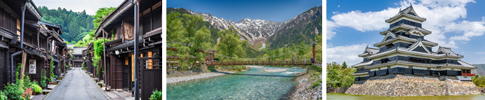 （左）高山市内古い町並み／（中央）上高地・河童橋から見える穂高連邦／（右）国宝松本城