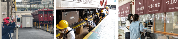 左：工場乗り入れ体験の様子※車両は一例／中央：工場見学の様子／右：つばめ食堂　　(提供：JR九州)