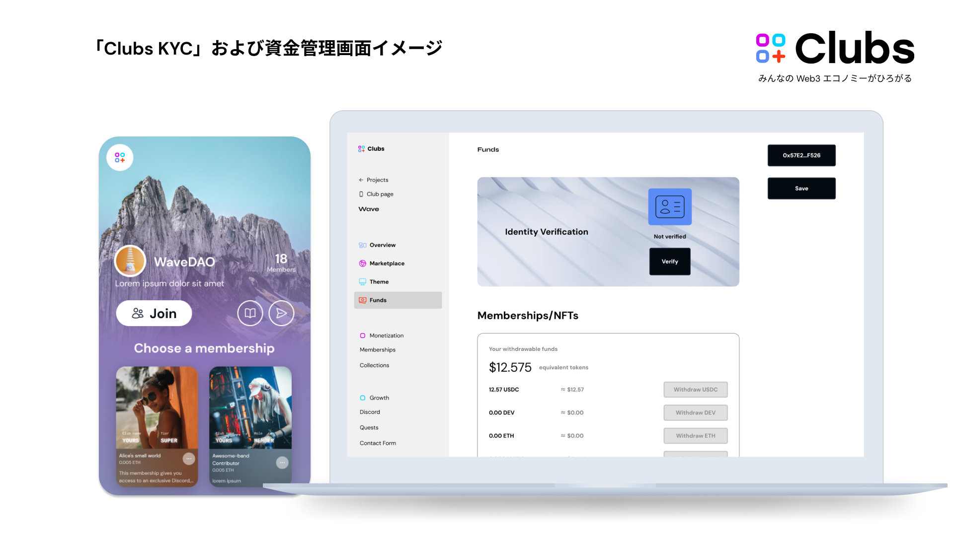 「Clubs KYC」および資金管理画面イメージ