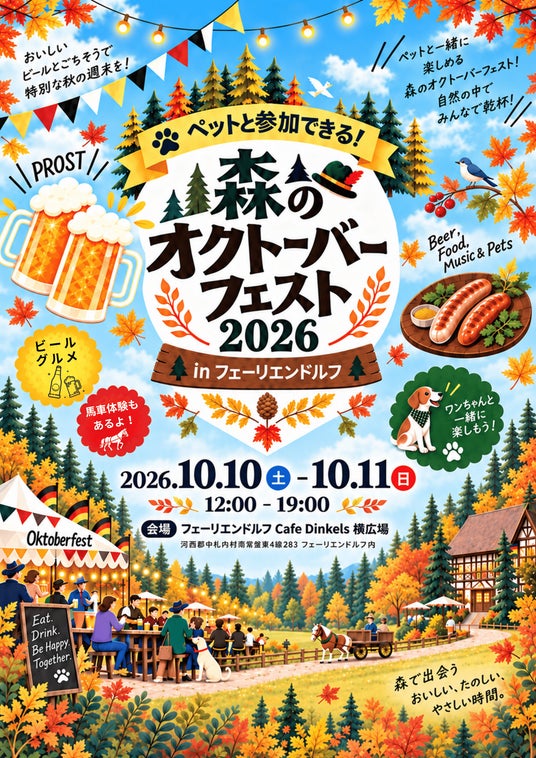 北海道・中札内村のフェーリエンドルフで「ペットと参加できる!森のオクトーバーフェスト2026 in フェーリエンドルフ」開催。10月10日/11日、本場ドイツを感じる2日間 北海道・中札内村のフェーリエンドルフで「ペットと参加できる!森のオクトーバーフェスト2026 in フェーリエンドルフ」開催。10月10日/11日、本場ドイツを感じる2日間