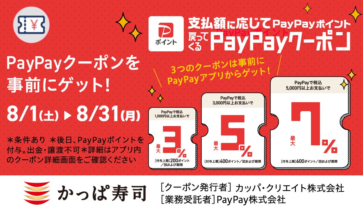 かっぱ寿司でのお支払いがおトクに！最大7％もどってくる「PayPayクーポン」を8月1日（土）より実施お一人様でのお食事からご家族でのご利用まで、支払金額に応じた3種類の特典をご用意