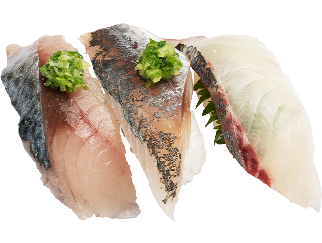 『光物三種盛り』（九州産 天然鯖・天然 国産あじ・ 愛媛県産 活〆しまあじ）三貫330円(税込)