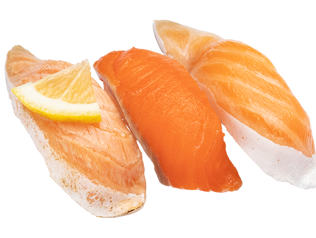 『サーモン三種盛り』（炙り大ぶりとろサーモン・ サーモン・大ぶりとろサーモン）三貫220円（税込）