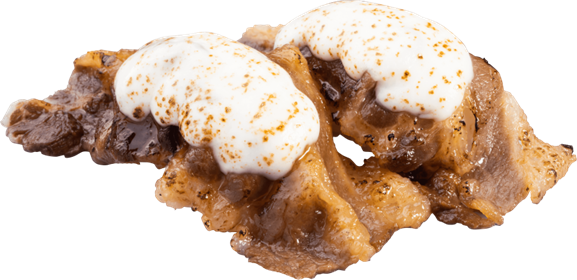 『牛カルビの北海道産クアトロチーズ炙り』 二貫165円（税込）