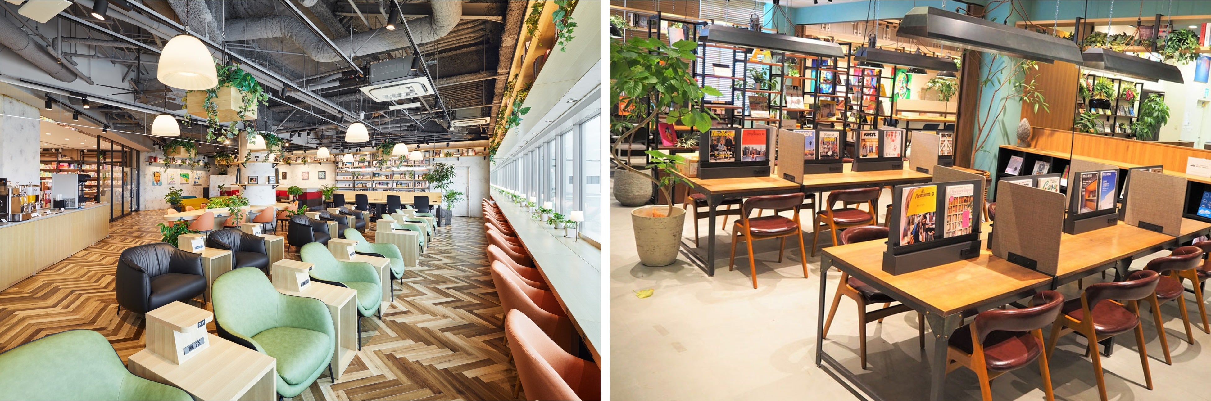 （写真左）TSUTAYA BOOKSTORE 福岡空港SHARE LOUNGE、（写真右）TSUTAYA BOOSKTORE 福岡西新店SAHRE LOUNGE